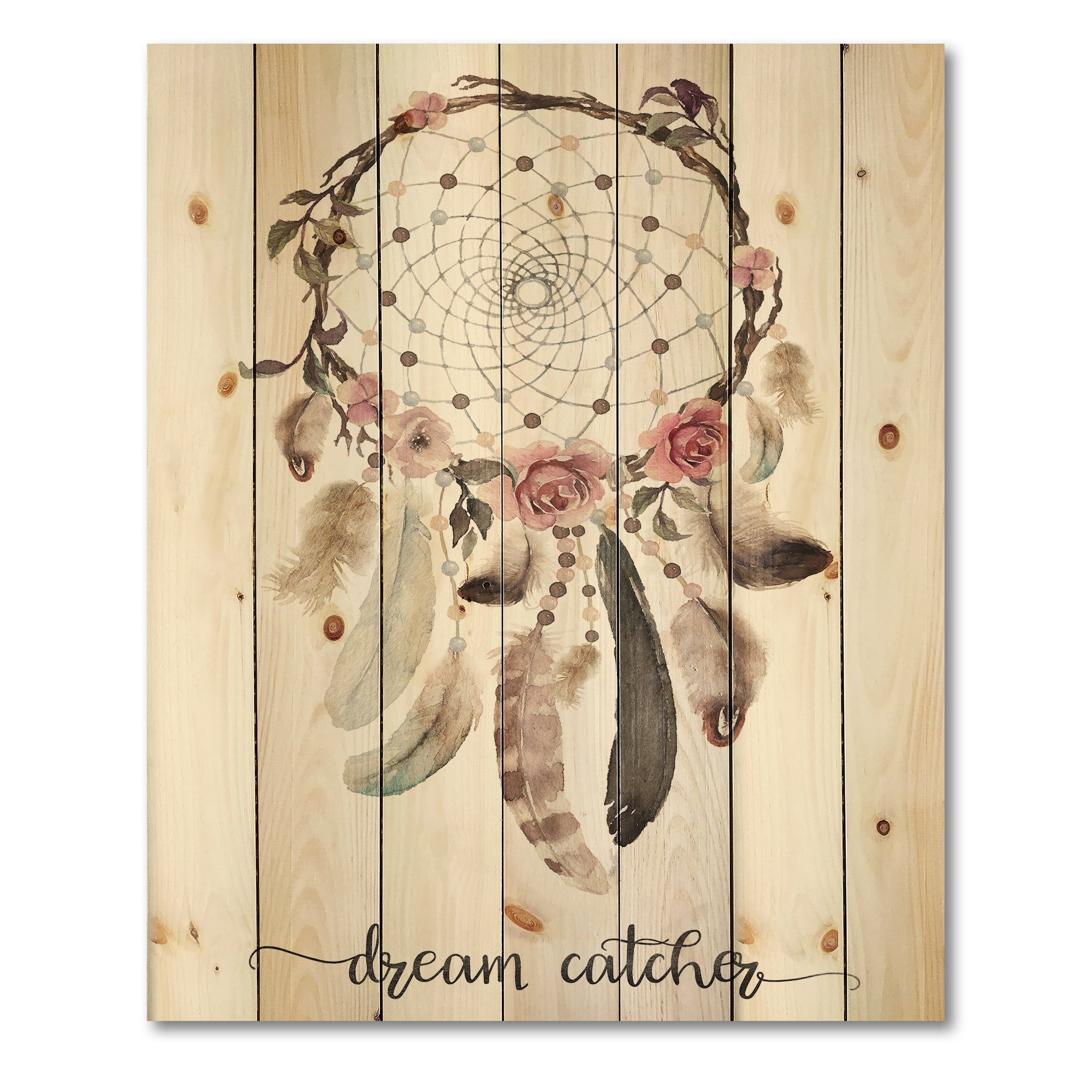 Designart 'Dream Catcher Made With Ethnic Feathers' Bohemian & Eclectic Print on Natural Pine Wood