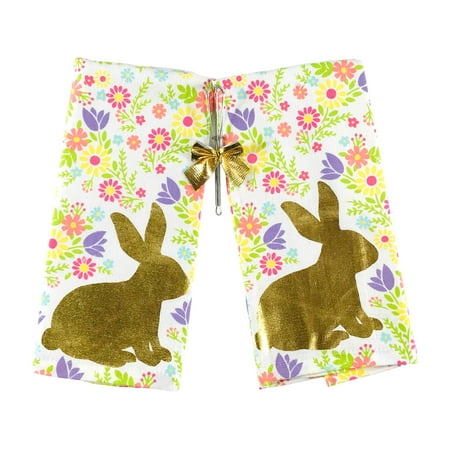 

Easter Spring Kitchen Dish Towels 2 Pc. Set: Printed Flowers Terry Towels with Gold Foil Bunny Rabbit
