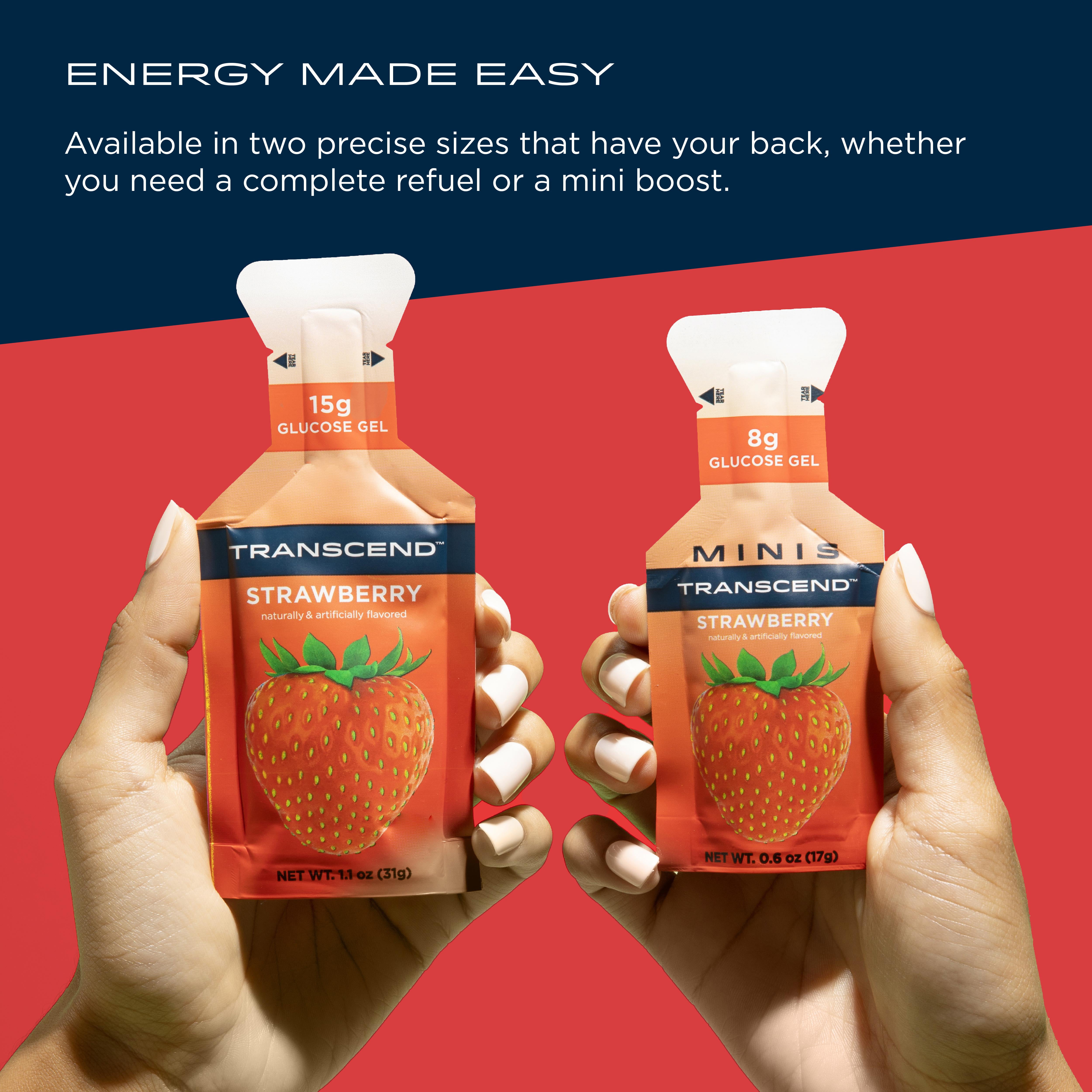Transcend Foods Mini Strawberry Gel (.6 oz, Pack of 12) Fast-Acting Carb Gel Strawberry Flavor – Travel Size, Caffeine Free, Gluten Free