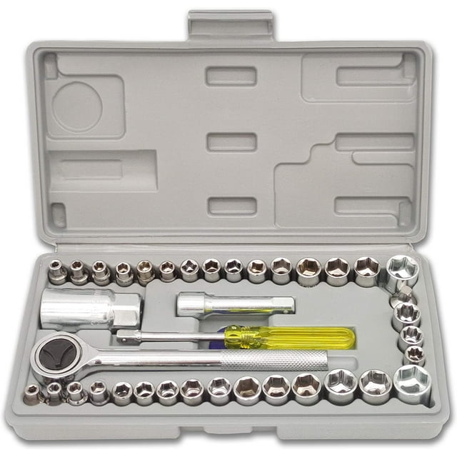 Clé à Douille 1/4 Pouces 3/8 Pouces, avec Cliquet Réversible Rapide, Embout de Tournevis, Barre d'Extension, 40 Pcs