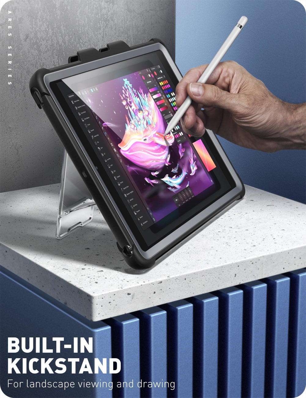 i-Blason Ares Case for New iPad 9th/8th/7th Generation, iPad 10.2 2021/2020/2019 Case, Full-Body Kickstand with Built-in Screen Protector Cover with Pencil Holder (Black)