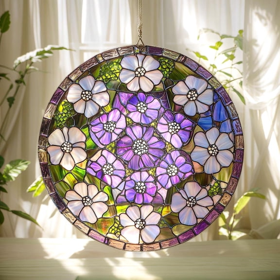 Lavender Blossom Medallion Acrylic Suncatcher - Faux Stained Glass Window Hanging - Purple Floral Decor & Gift for Garden Lovers, 2D Printed, 1-sided Sun Catcher