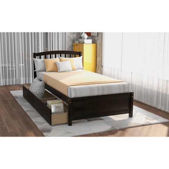 Hommoo Twin Platform Storage Bed Wood Bed Frame with Two Drawers and Headboard, Espresso