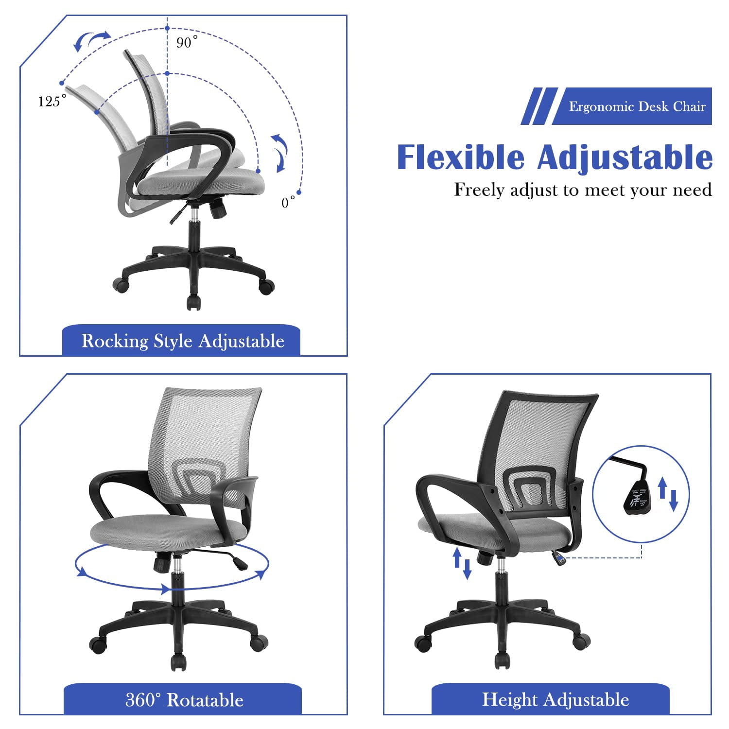CL.HPAHKL Ergonomic Task Office Chair, Mesh Computer Chair with Lumbar Support Adjustable Mid Back Swivel Rolling Chair with Armrests, Ideal for Home Office & Study, Grey