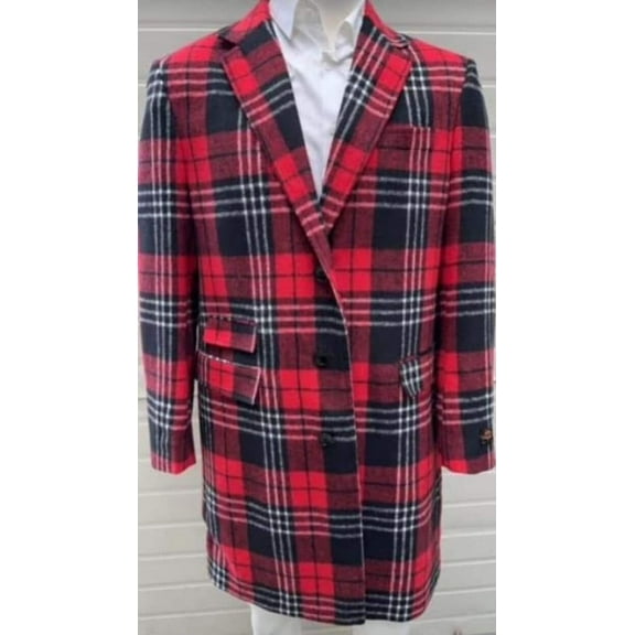 Mens Plaid Overcoat - Checkered Carcoat - Wool Three Quarter Peacoat