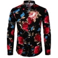 thumbnail image 4 of Camisas estampadas con flores rosas estilo retro estilo hipster para hombre, camisas casuales ajustadas de manga larga, elásticas, blusas con botones para hombre, 4 of 5