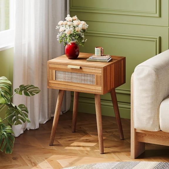 Rattan Nightstand Set of 2, Boho Side Table with Drawer, Mid Century Modern, End Table with Wood Legs for Bedroom, Dorm and Small Spaces (Brown)