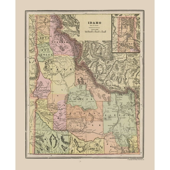 Historic State Map - Idaho - Cram 1892 - 23 x 28.11 - Vintage Wall Art