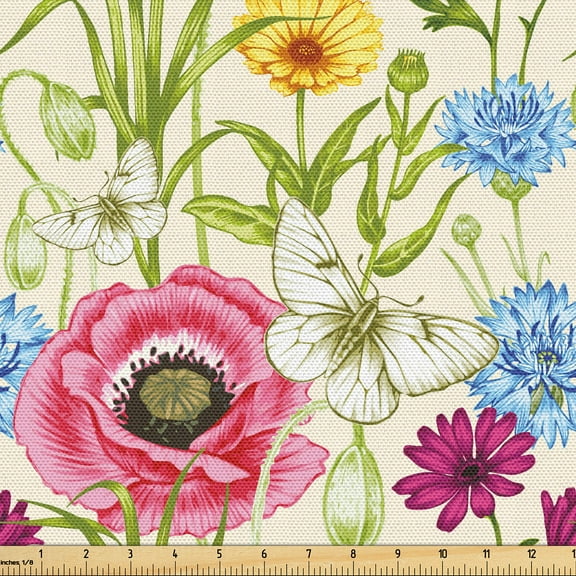 Ambesonne Spring Fabric by the Yard Upholstery, Vintage Flower Butterfly Art, 1 Yard, Apple Green and Dark Pink