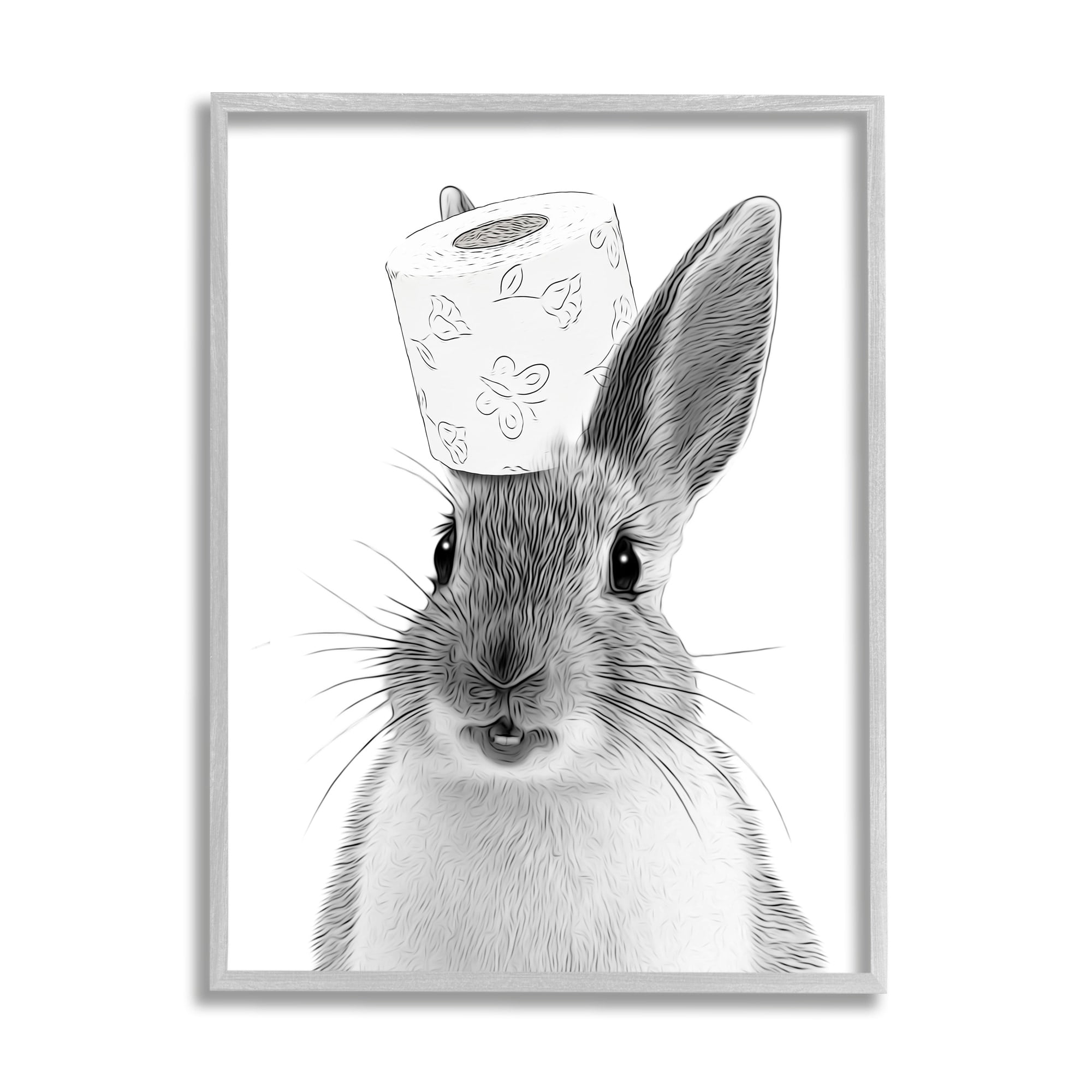 Stupell Industries Rabbit & Toilet Paper Bathroom Animals & Insects Painting Gray Framed Art Print Wall Art