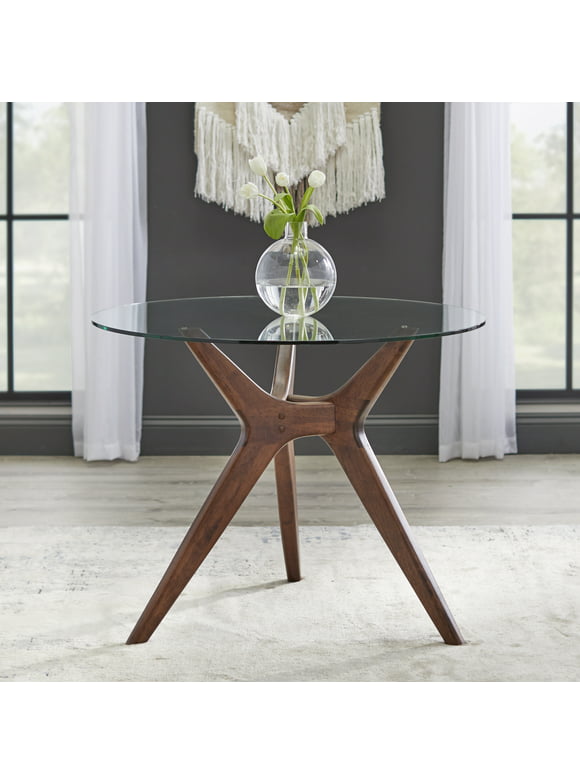 TMS Trita 38" Round Indoor Dining Table with Glass Top, Walnut