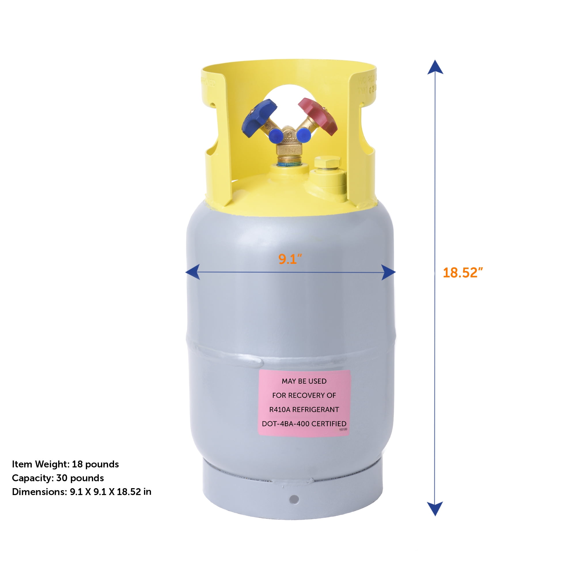 Flame King Refrigerant Recovery Empty Propane Tank, DOT, Propane Cylinder, 30lbs, 9.1"x18.52", 1 Ct