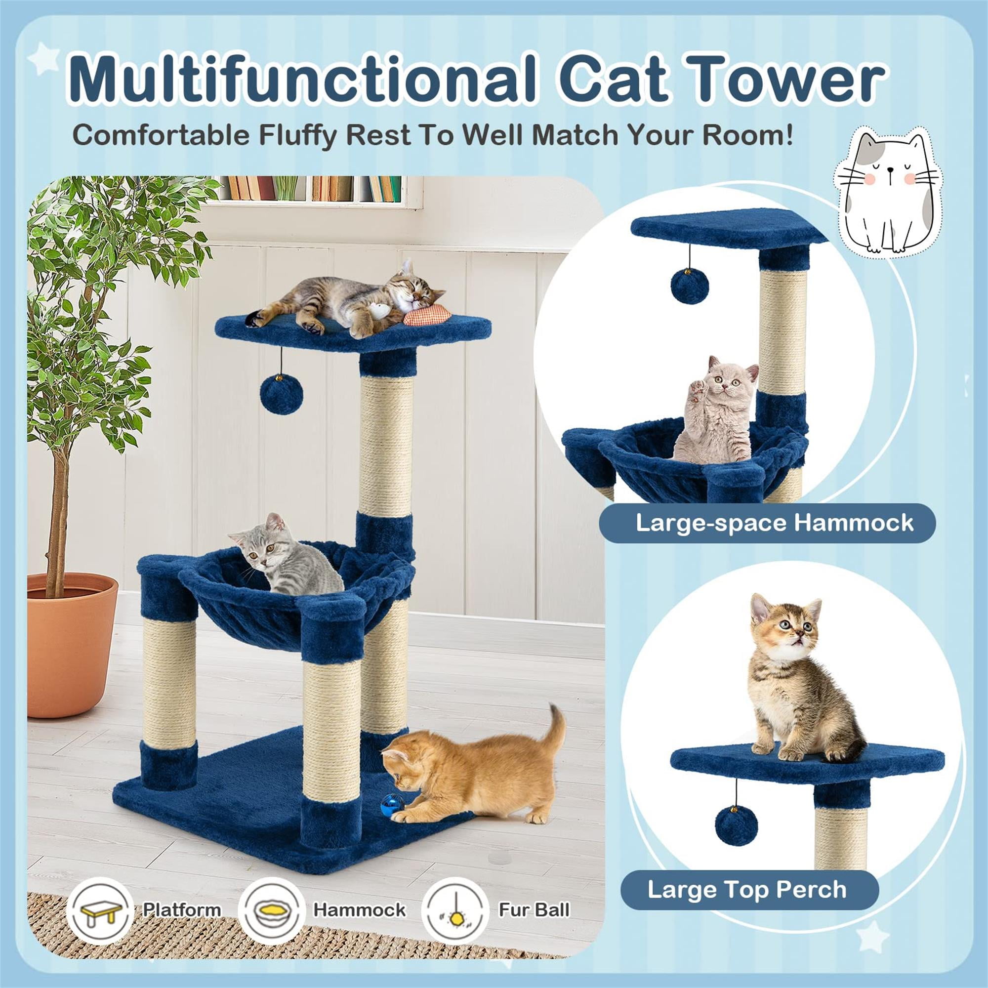 Kadyn 25" Cat Scratching Post, Sisal Rope Scratcher Tree with Hammock and Dangling Ball, Multi-level Cat Tree for Kittens and Adult Cats, Blue
