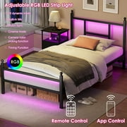 Fairy Twin Bed Frame with Charging Station, Metal Platform Bed with LED Lights, Black
