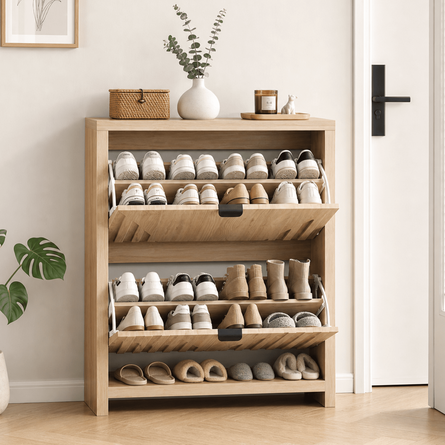 Leumius Shoe Cabinet Storage with 2 Flip Drawers,Wood Shoe Cabinet with Vertical Carved Panels,Freestanding Shoe Storage Cabinet for Entryway Hallway,Oak