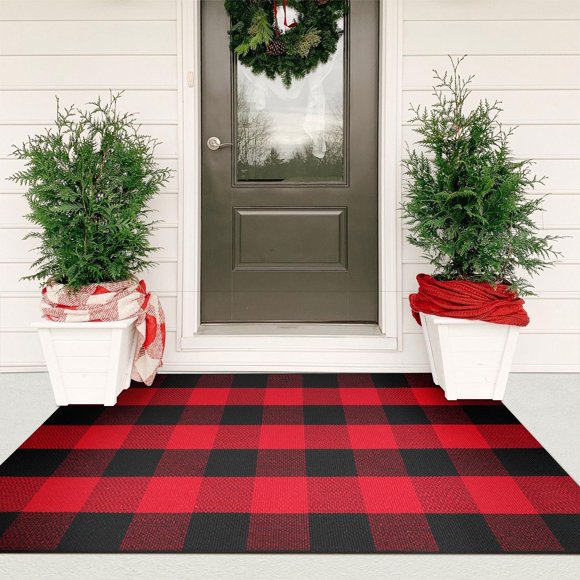 Alfombra de exterior KIMODE Christmas Buffalo Plaid 90x150 cm rojo/negro