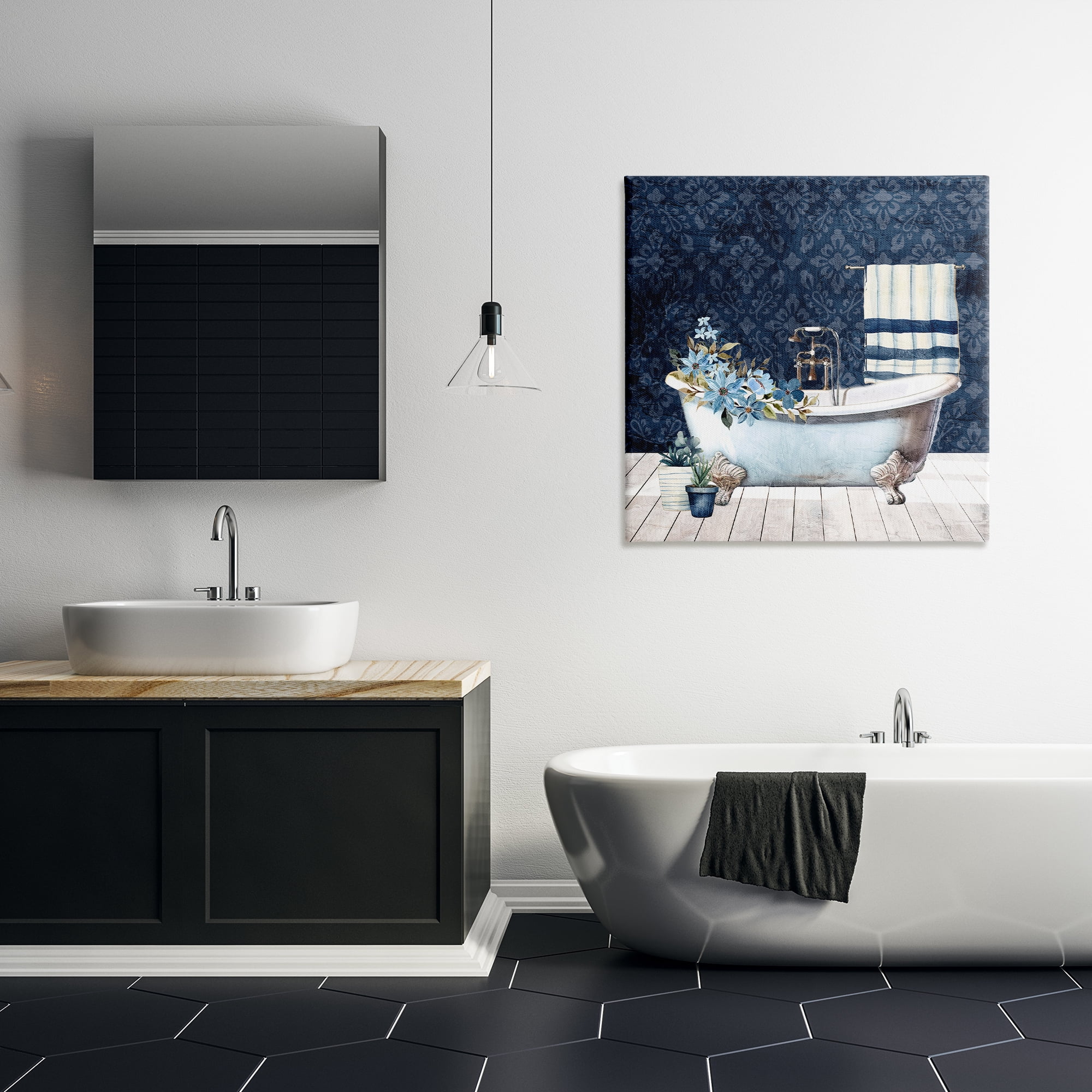 Stupell Industries Blue Damask Bathroom Bath & Laundry Painting Wrapped Canvas Art Print Wall Art, 30 x 30