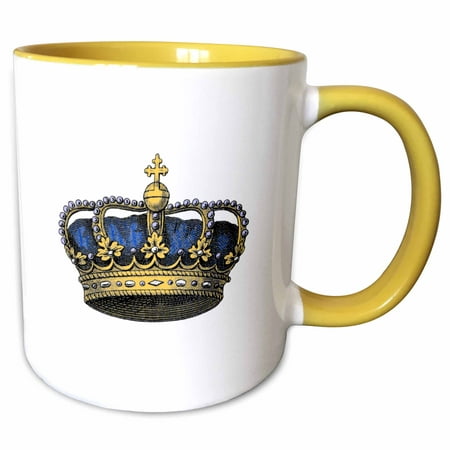 3dRose Navy Blue Crown - Vintage art - royal - royalty - gold kings or princes crown with pearls and cross - Two Tone Yellow Mug, 11-ounce