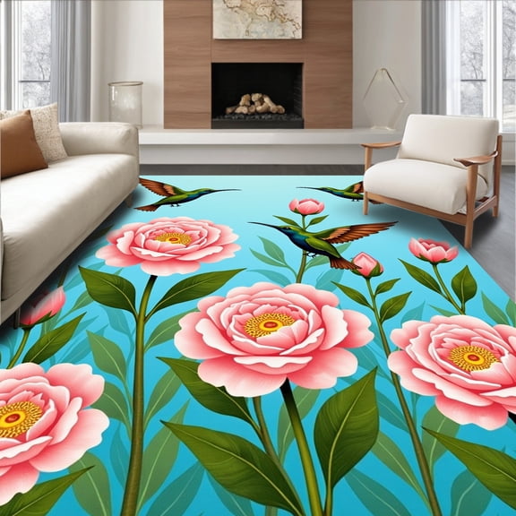 ODIKA 4'x6' Machine Washable Non-Slip Area Rug, Vintage Hummingbird Garden with Blooming Peony Florals High Traffic Rug, Pink, 477941