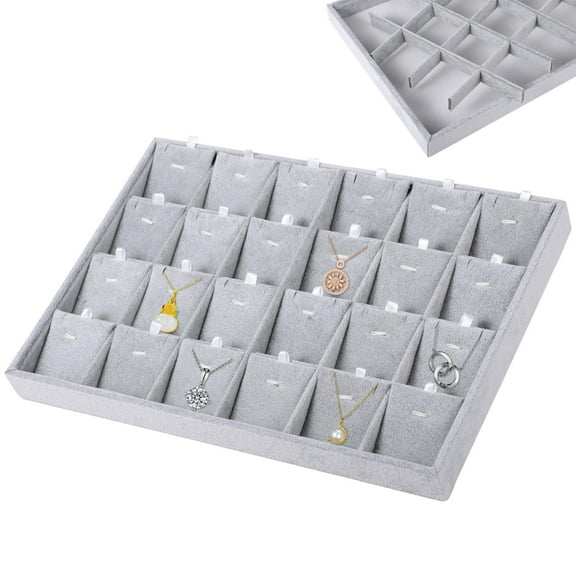 24 Grids Jewelry Tray, Velvet Pendant Necklace Organizer, Stackable Jewelry Organizer with Removable Dividers, Earrings Bracelets Rings Display Tray for Drawers, Cabinets