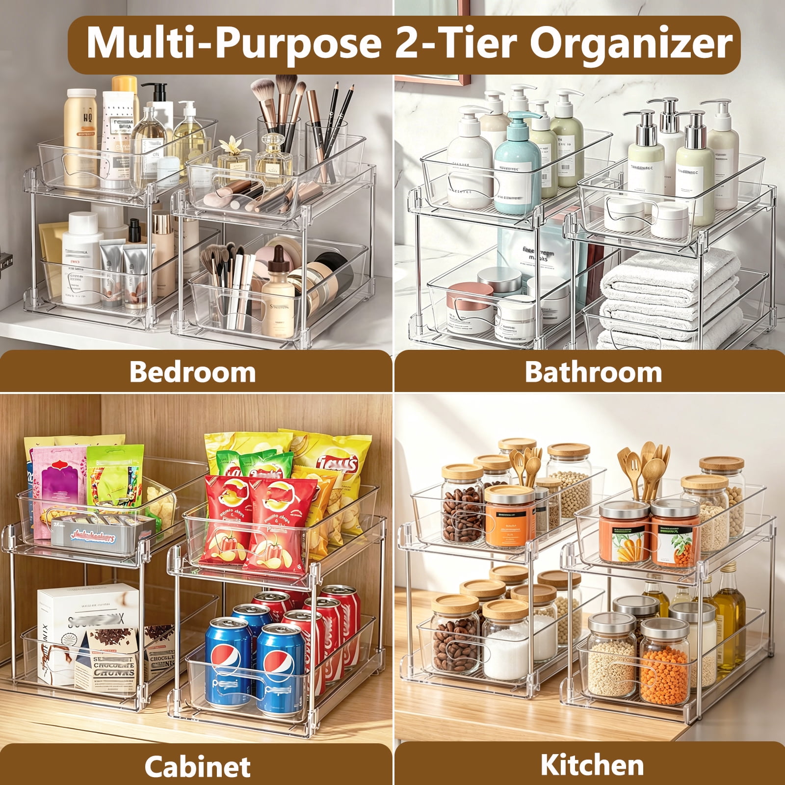 Kisportee 2 Pack Under Sink Organizer, 2 Tier Pull-Out Bathroom Organizers and Storage,  Kitchen Cabinet Organizer for Pantry, Kitchen