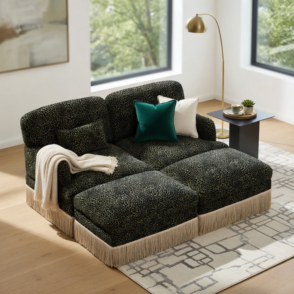 Hommoo Modern Leopard Print Chenille Loveseat Sofa with Movable Ottomans, 2-Seat Deep Seat Couch, Tassel Trim, Ergonomic Support & Easy Assembly for Living Room, Green Black