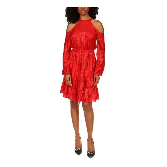 MICHAEL KORS Womens Red Printed Long Sleeve Halter Above The Knee Evening Ruffled Dress PS
