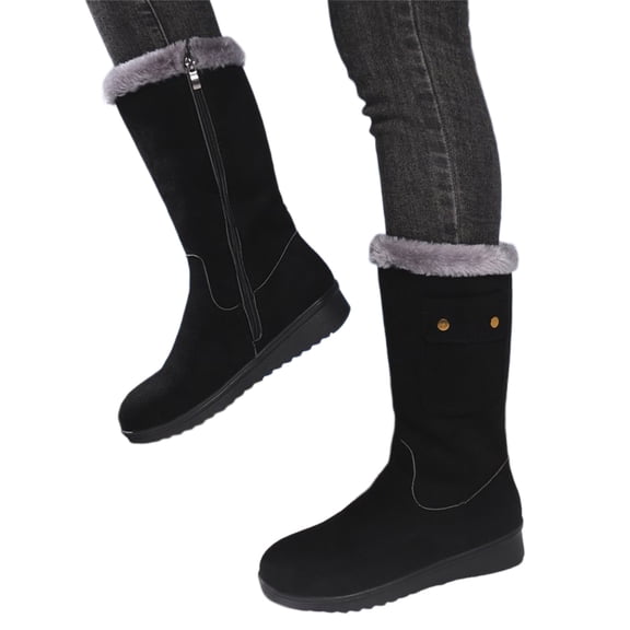 Women's Slip on Mid Calf Boots, Plus Size Warm Fleece Lined Side Zipper Winter Casual Boots with Breathable Upper and Non Slip Sole, Cozy Footwear for Cold Weather Daily Wear