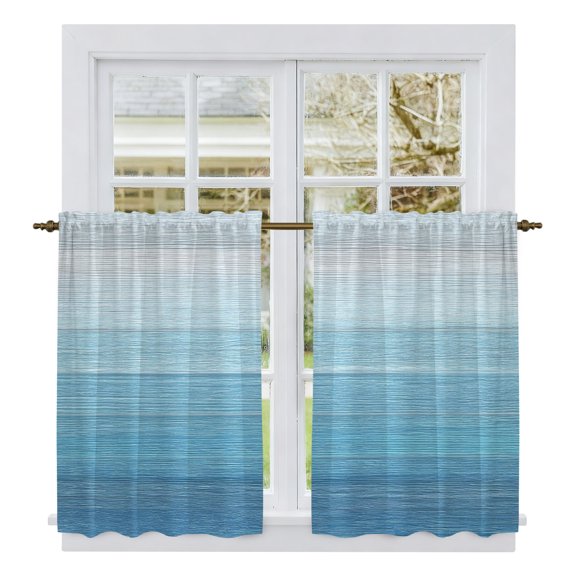 Blue Grey Summer Kitchen Curtains 45 Inch Length, Farmhouse Beach Blue Wooden Tiers Curtains for Bathroom Bedroom Cafe, Light Filtering Small Window Treatment Short Tiered Drapes 2 Panels 42"Wx45"L