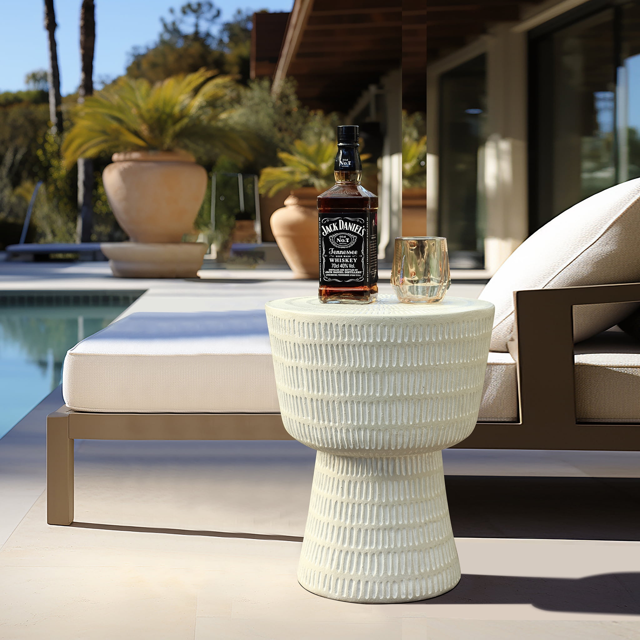 LuxenHome Outdoor Side Table, 15'' Off White Round Spiral Pattern Accent End Table, Indoor Outdoor Coffee Tables for Patio, Living Room, Backyard,Garden Stool and Plant Stand