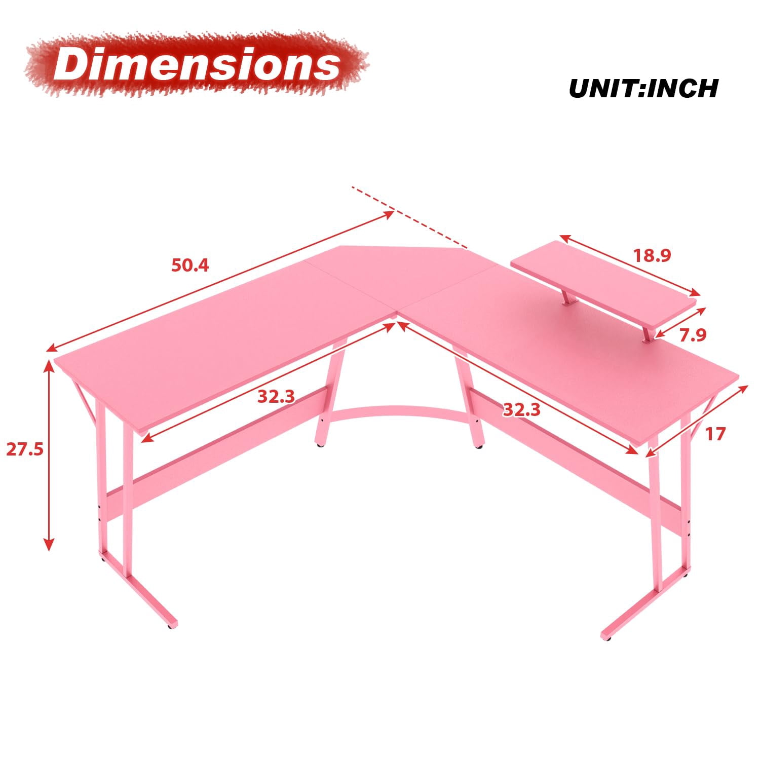YRLLENSDAN L Shape Gaming Desk Table, 50 Inch Corner PC Gaming Desk with Monitor Stand, L-Shaped Computer Desk Table, Gamer Work Desk for Home Office, Pink