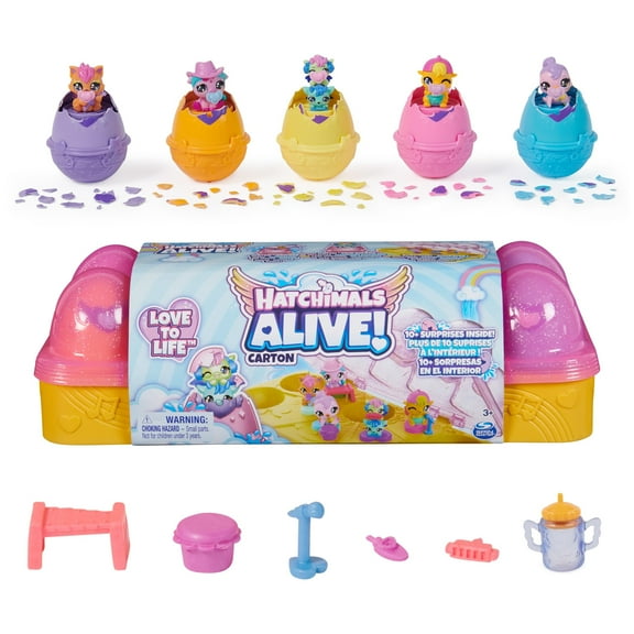 Hatchimals Alive, Pink & Yellow Egg Carton Toy with 6 Mini Figures in Self-Hatching Eggs, 11 Accessories, Kids Toys for Girls and Boys Ages 3 and up Hatchimals Alive Carton Yellow/Pink