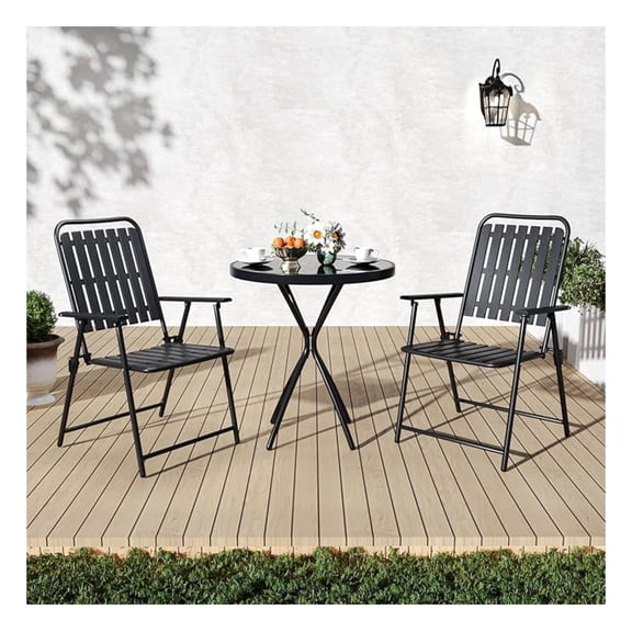 3 Pieces Patio Bistro Set Folding Small Table Chairs Set for 2 Outdoor Bistro Furniture Sets with Glass Coffee Table for Lawn Backyard Balcony Poolside