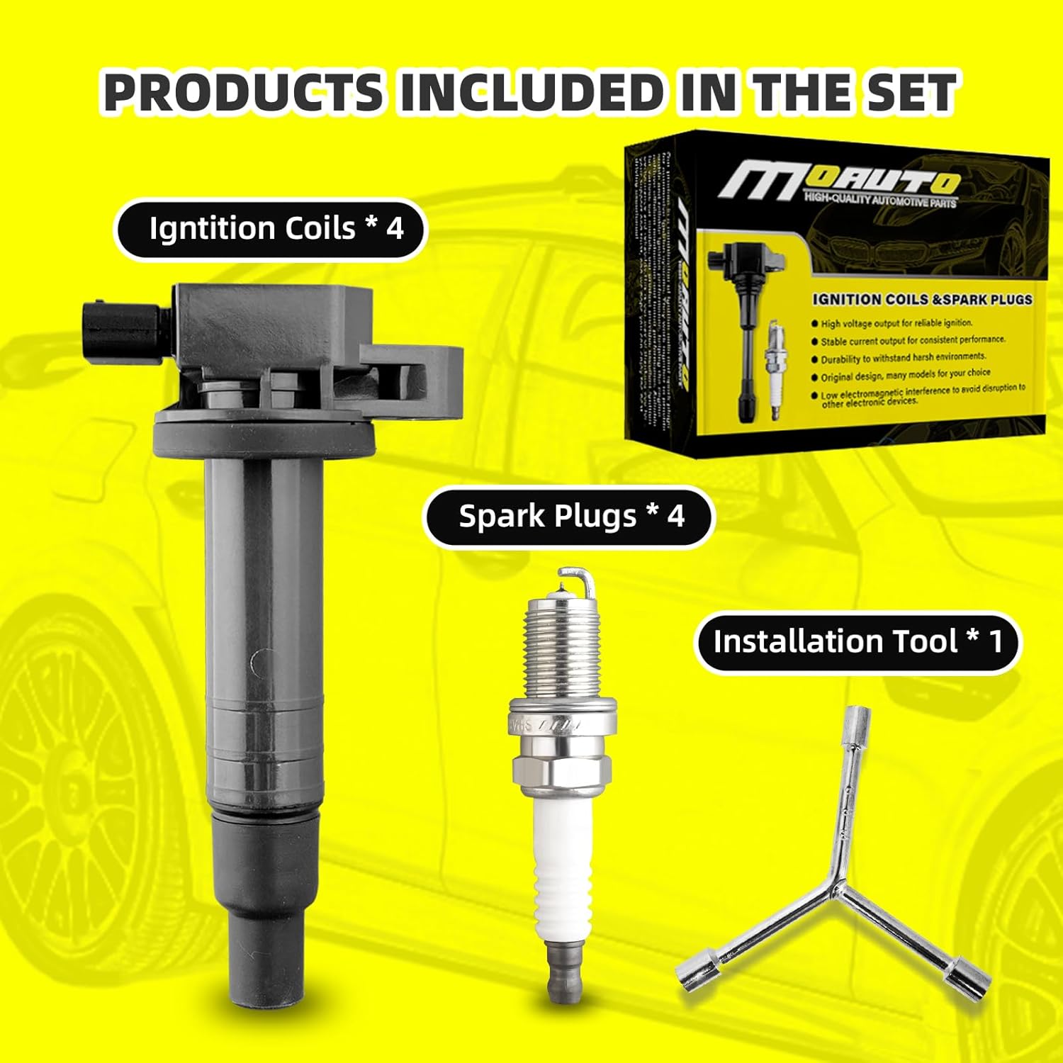 MOAUTO Set of 4 Ignition Coils Pack UF316 90919-02240 & 4 PCS Iridium Spark Plugs Compatible with Scion Toyota XA XB Yaris Echo Prius Camry - L4 1.5L