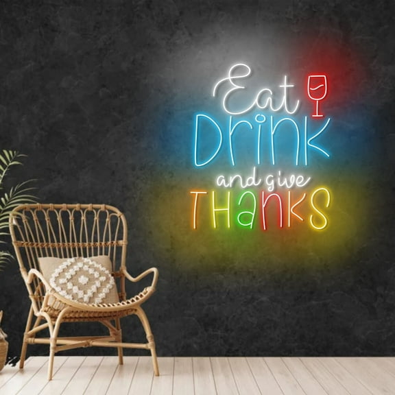 Craftnamesign Eat Drink And Give Thanks Neon Light, Wine Bar LED Sign, Thanksgiving Wall Art