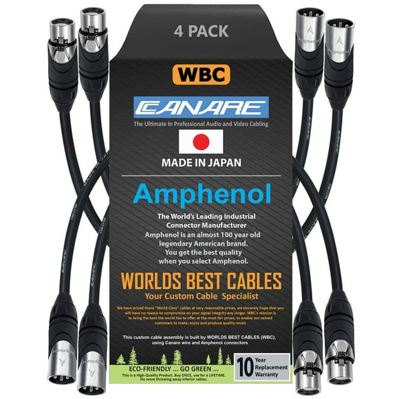 WORLDS BEST CABLES 4 Units - 6 Inch - Canare L-4E6S, Star Quad Balanced Male to Female Microphone Cables with Amphenol AX3M & AX3F Silver XLR Connectors - Custom Made