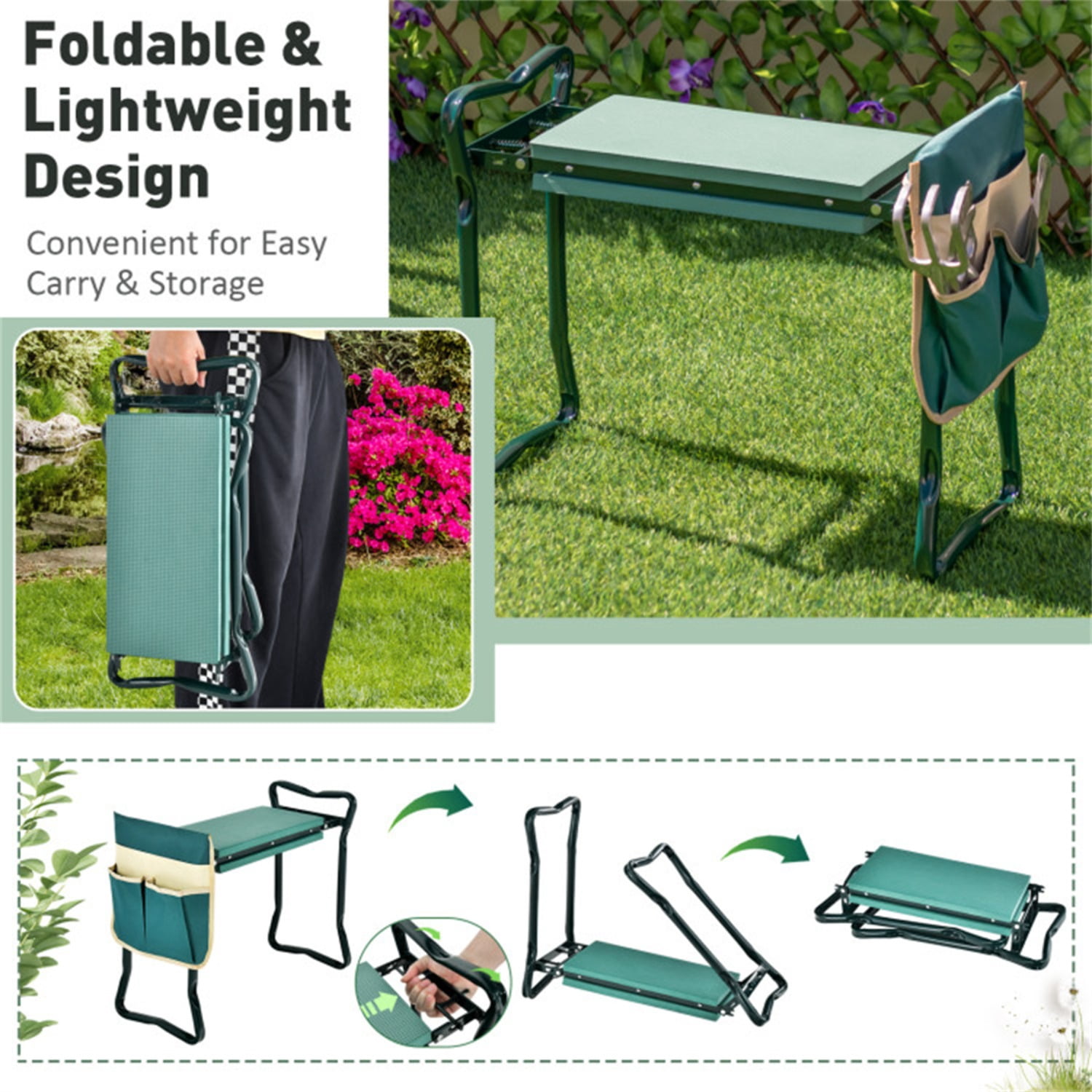 Green 2-in-1 Garden Folding Stool Kneeler, 300LBS Capacity & Built-in Tool Pouch, Comfortable EVA Seat​