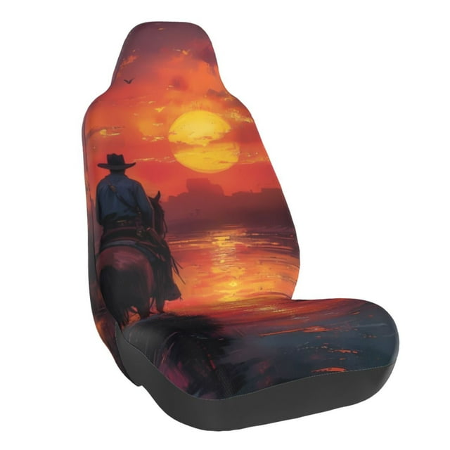 Wukai Sunset River Western Cowboy Full Set Car Seat Covers with Soft Padding Universal Auto Front Seats Protector and Cushion Mat