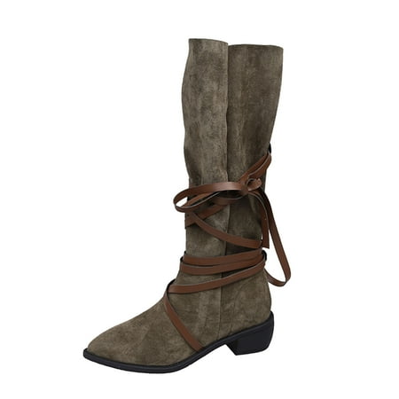 

Qufokar Mid Calf Winter Snow Boots for Women Calf High Boots for Women Heel Ladies Fashion Solid Color Suede Lace Up Pointed Toe British Style Heel Long Boots