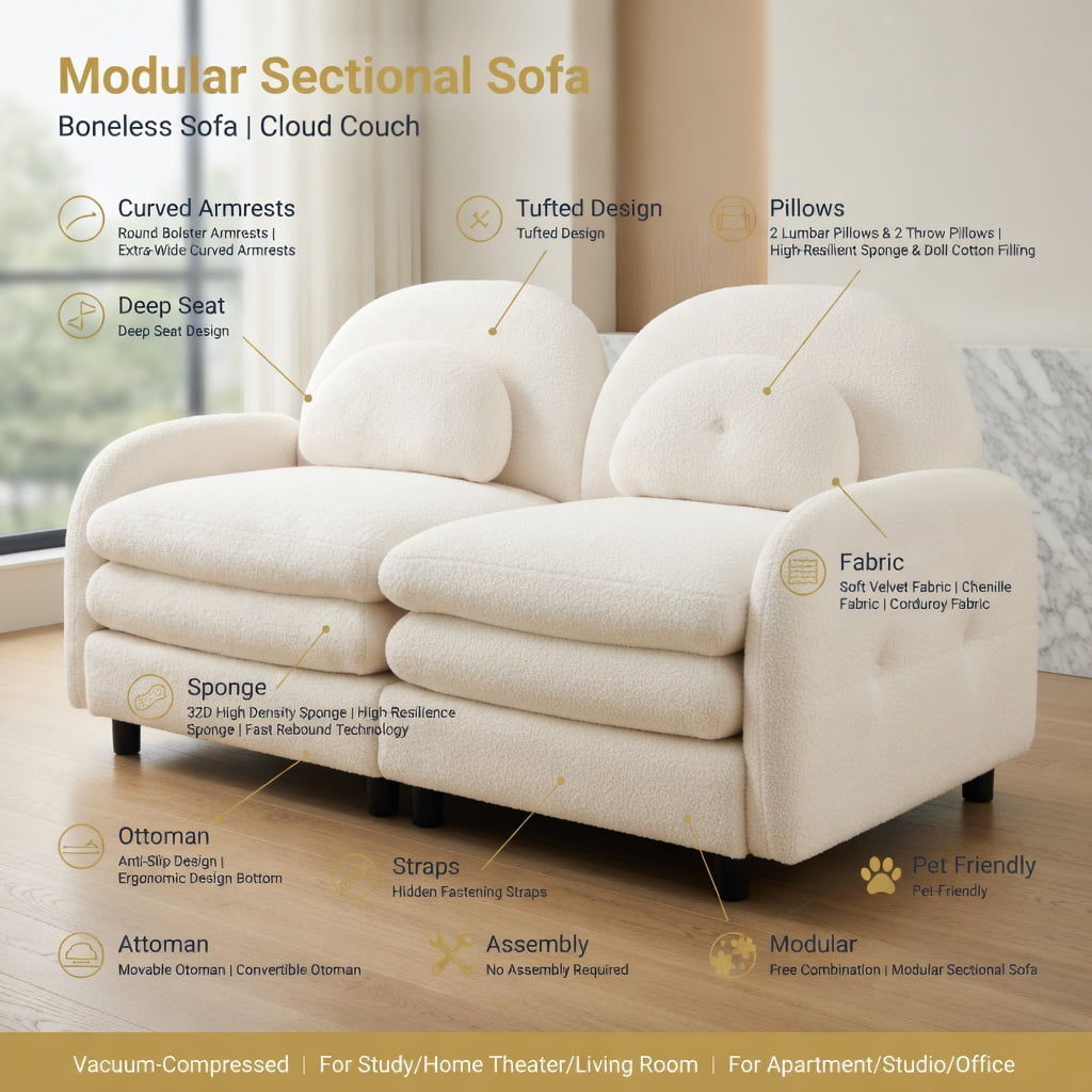 Hommoo Teddy Fleece 3-Seat Modular Sofa Set, Cloud-Like Softness, Curved Backrest & Lumbar Support, 3-Seater Couch with Double-Layer Cushions, Beige