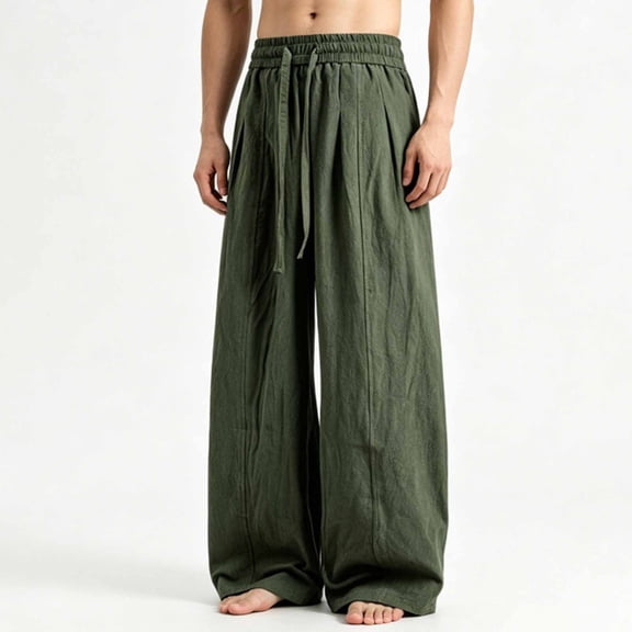 Dxzfnsa Men's Cotton Linen Harem Pants Mens Casual Loose Solid Color Trousers Summer Elastic Waist Drawstring Beach Pants with Pockets