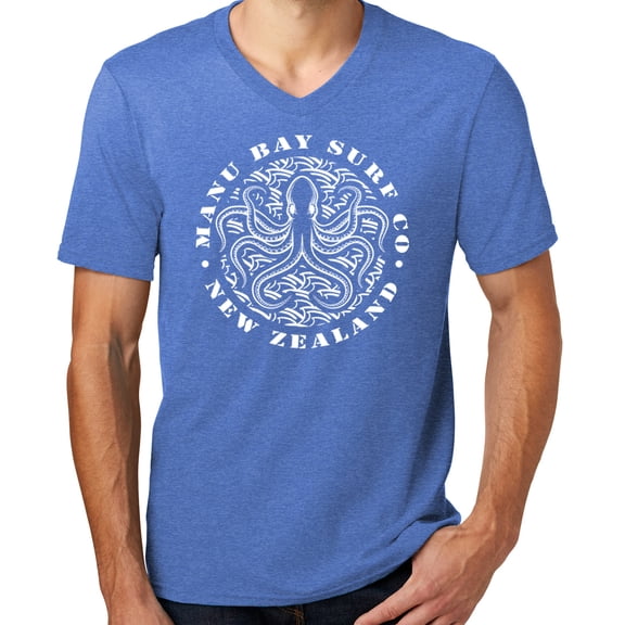 Mens Manu Bay Surf Company WHITE OCTOPUS Surfer T-shirt, 3XL Heathered Royal