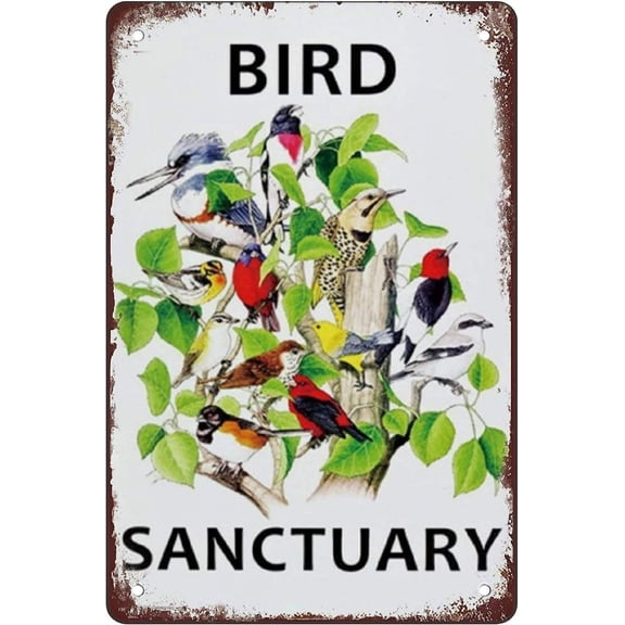 Funny Retro Tin Sign Bird Sanctuary Outdoor and Indoor Porch Wall Hanging Decoration 8 x 12 Inch