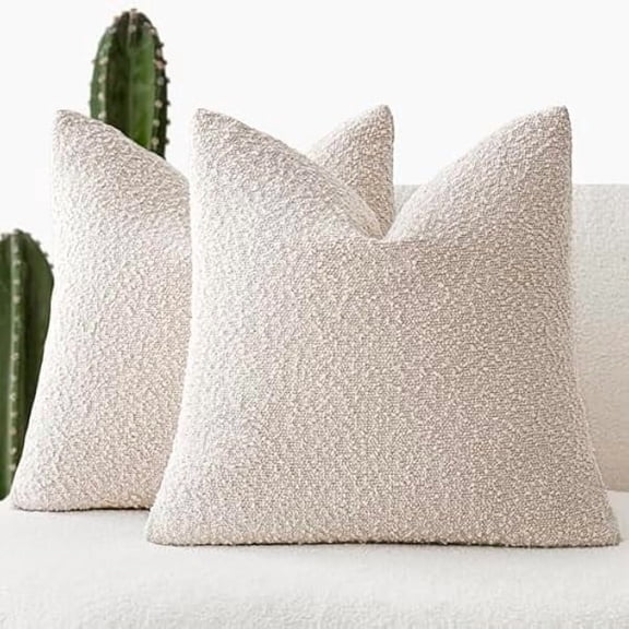 Pack of 2, Decorative Textured Boucle Throw Pillow Covers Accent Solid Pillow Cases Cozy Soft Couch Cushion Case for Chair Sofa Bedroom Living Room Home Decor 22 x 22 Inch Ivory Beige