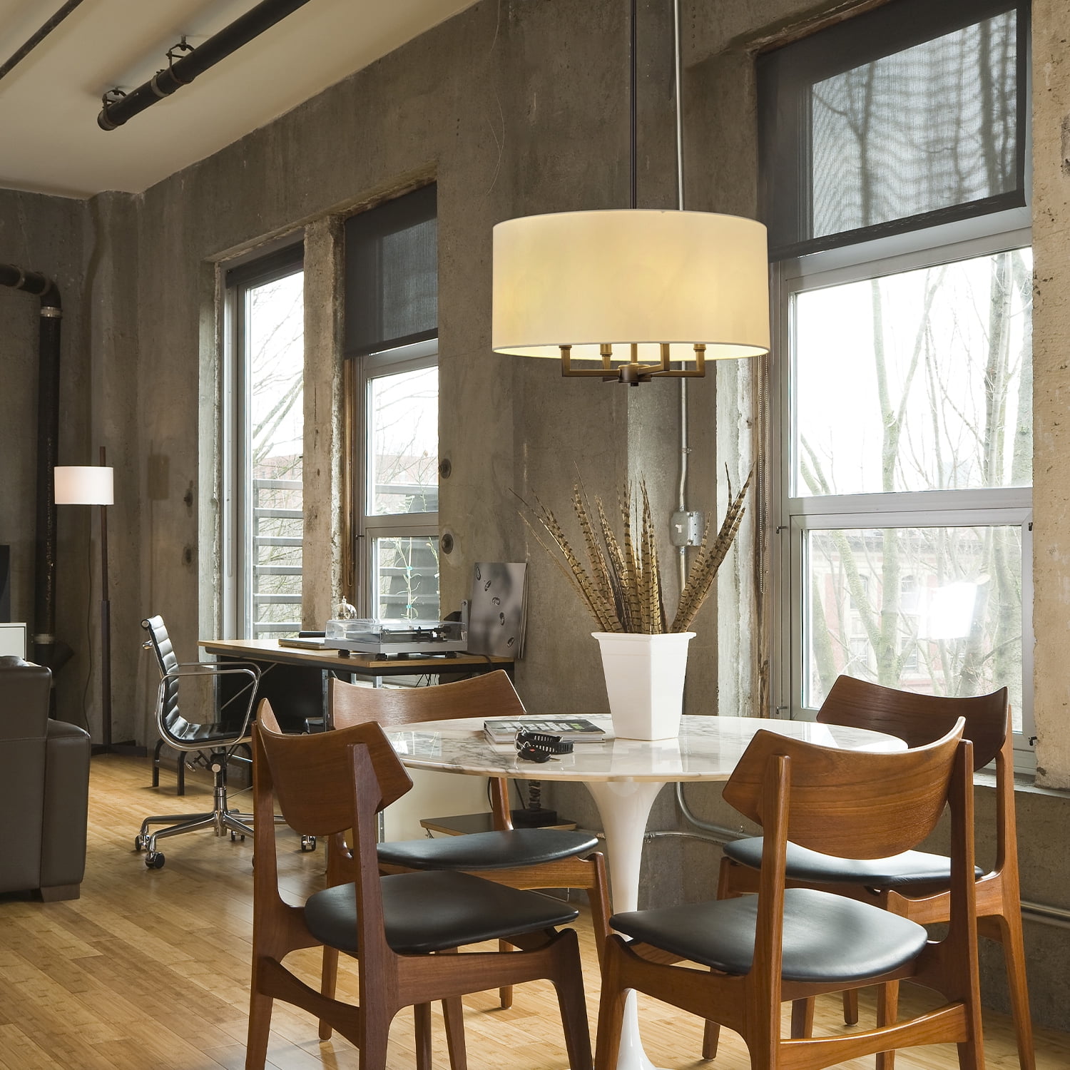 Globe Electric 4-Light Matte Black Chandelier, Beige Fabric Shade, Modern Farmhouse Style, 91004458