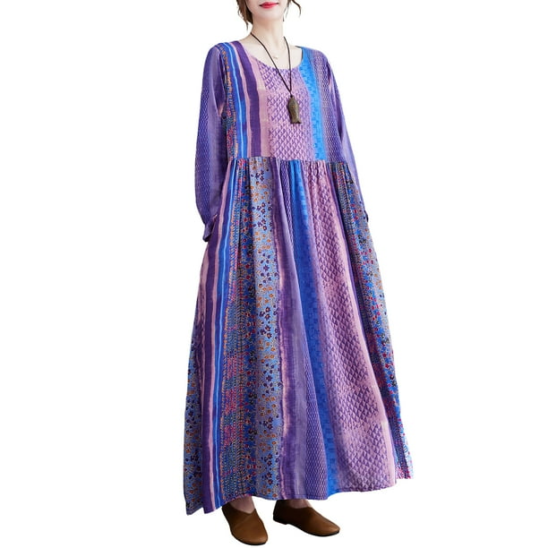 Vestido suelto vintage para mujer, manga larga, estampado, bolsillos laterales, vestido informal MABOTO Morado/Grande