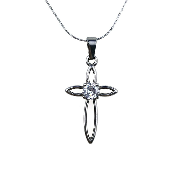 24K White Gold 2 ct Created Diamond Cross Stud Necklace Plated 18 inch