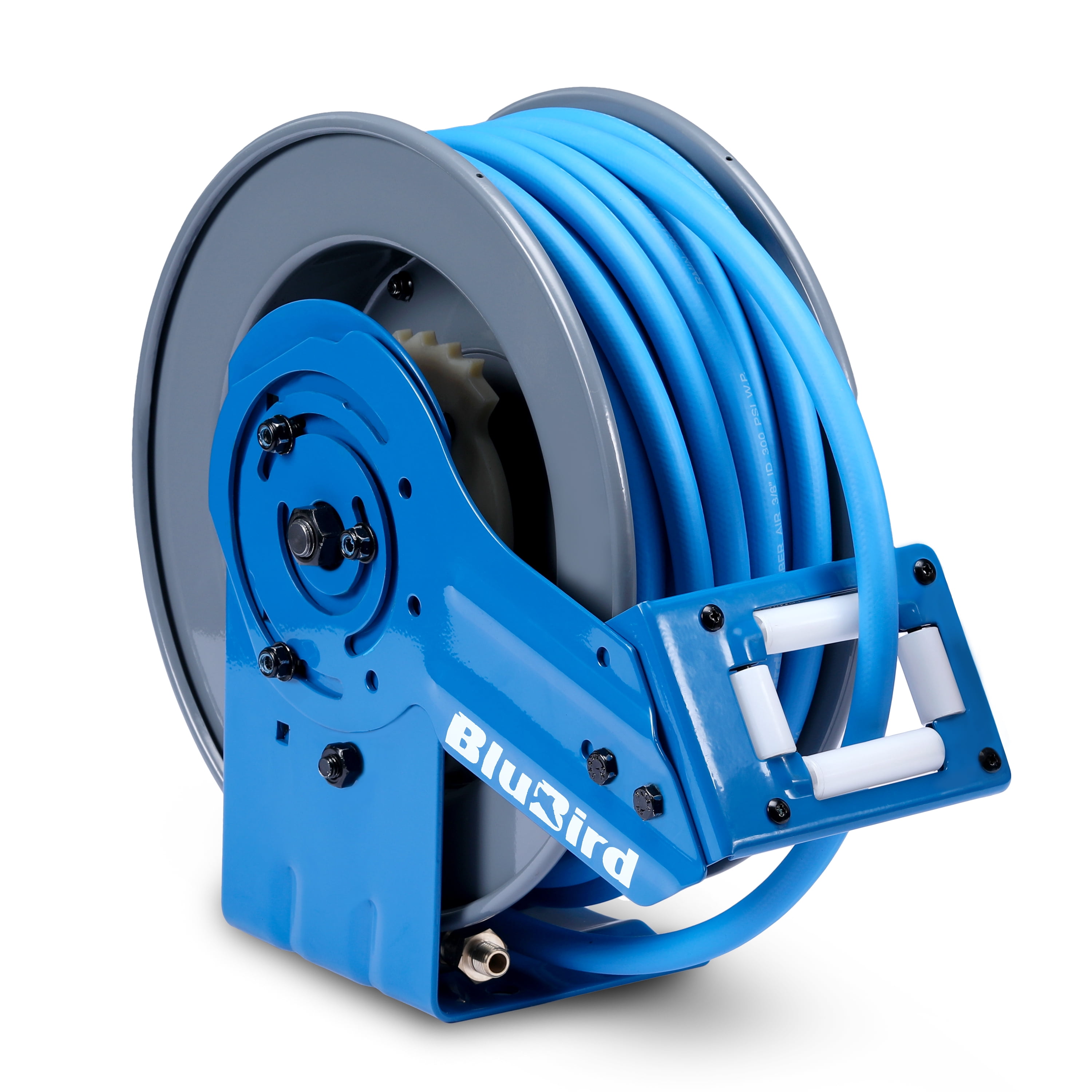 BluBird 3/8" x 50' Retractable Air Hose Reel – All-In-One Patented Design with 5-in-1 Coupler, 180° Swivel Mount, Heavy-Duty Steel, Rubber Hose, Auto Rewind