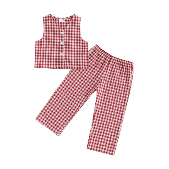 Suealasg Toddler Baby Girls 2 Piece Summer Outfits Clothes 1T 2T 3T 4T 5T Little Girls Plaid Print Button Tank Tops and Wide Leg Pants Set