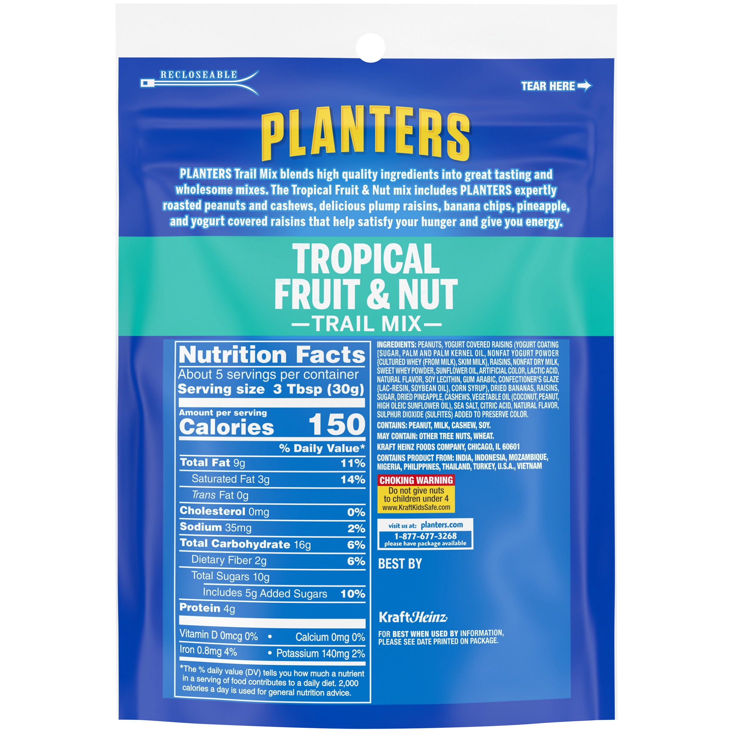 Planters Tropical Fruit & Nut Trail Mix with Roasted Peanuts, Banana Chips, Raisins, Yogurt Raisins, Pineapple & Cashews, 6 oz Bag